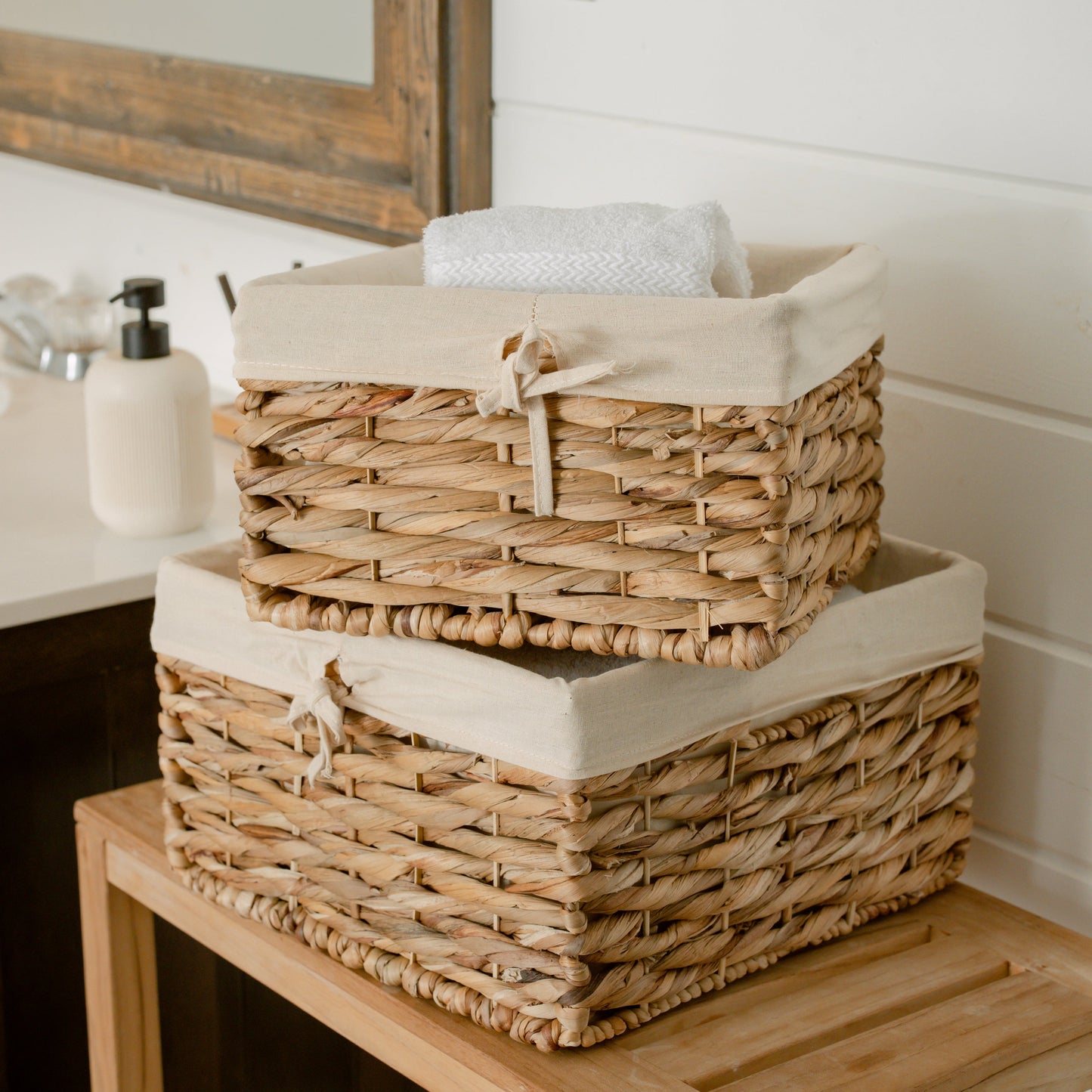 Square Water Hyacinth Basket with Linens