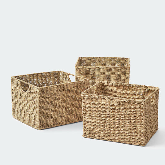 Cube Seagrass Handwoven Storage Baskets with Handles, Set of 3