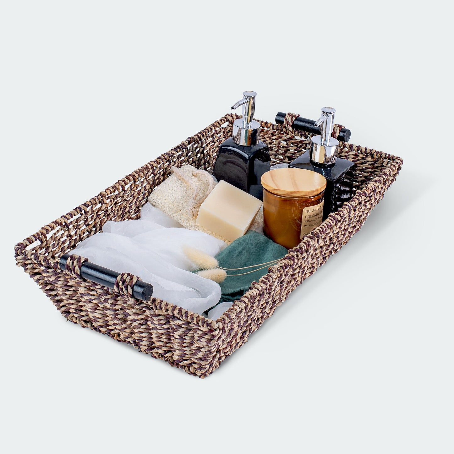 Long Rectangular Seagrass Decorative Basket with Wood Handles