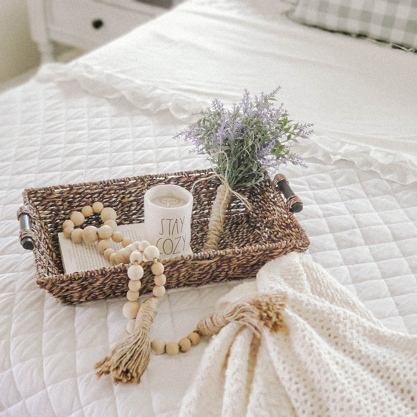 Long Rectangular Seagrass Decorative Basket with Wood Handles