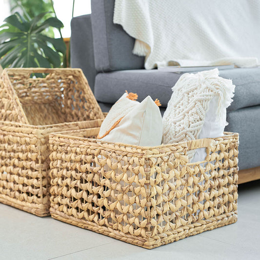 Large Water Hyacinth Cube Baskets with Open Weave and Handles, Set of 3
