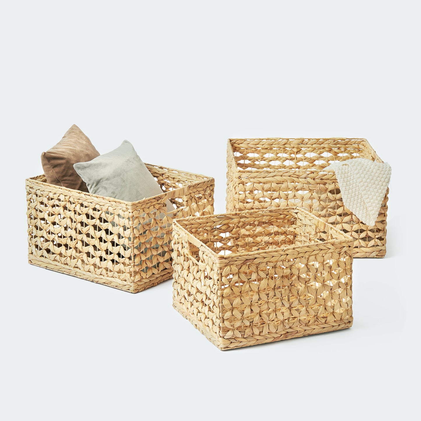 Large Water Hyacinth Cube Baskets with Open Weave and Handles, Set of 3