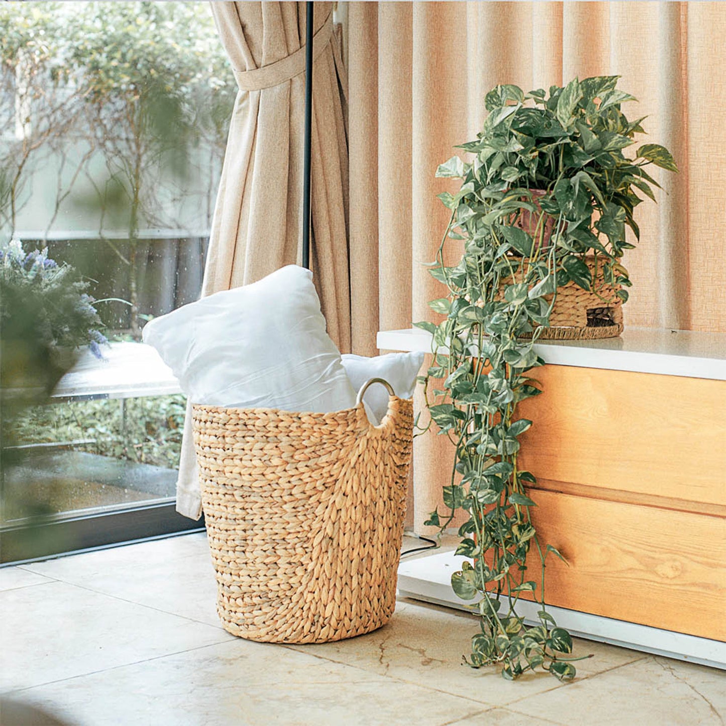 Natural Brown Standing Basket with Handles