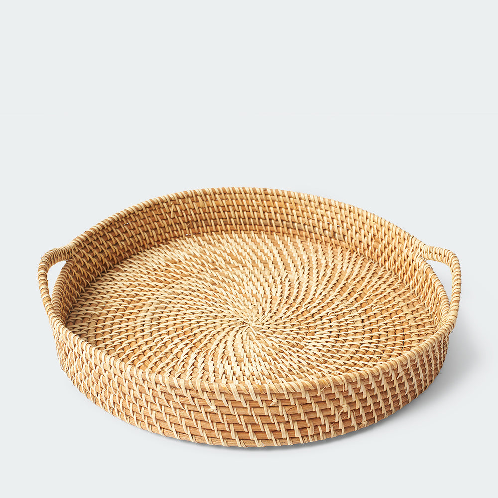Round Rattan Wicker Tray with Handles