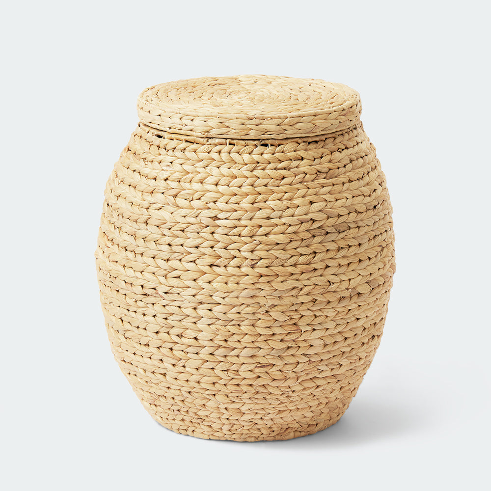 Large Woven Storage Basket with Lid, Stylish Ottoman