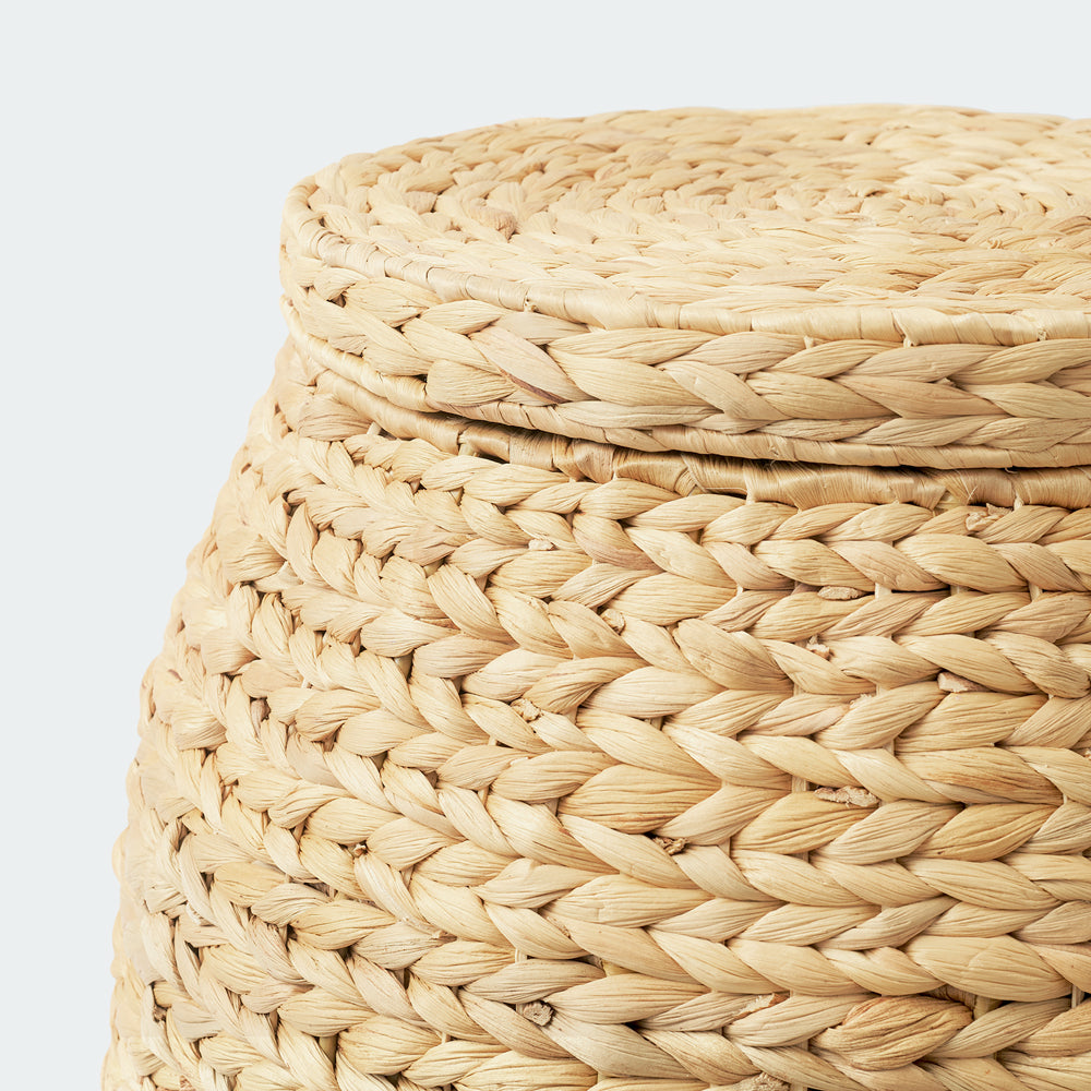 Large Woven Storage Basket with Lid, Stylish Ottoman