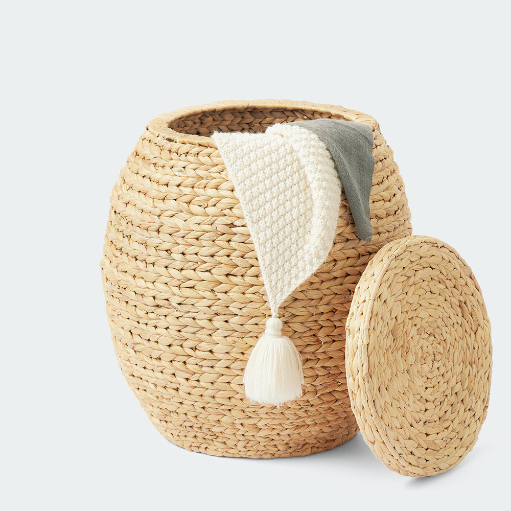 Large Woven Storage Basket with Lid, Stylish Ottoman