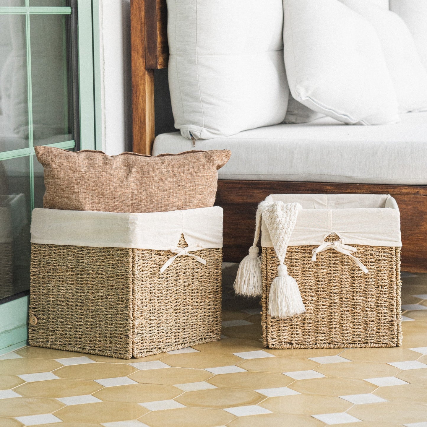 Cube Seagrass Wicker Basket With Linen Set of 2