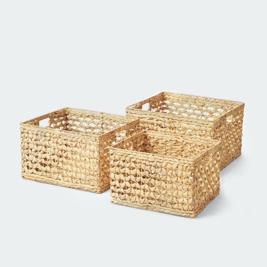 Large Water Hyacinth Cube Baskets with Open Weave and Handles, Set of 3