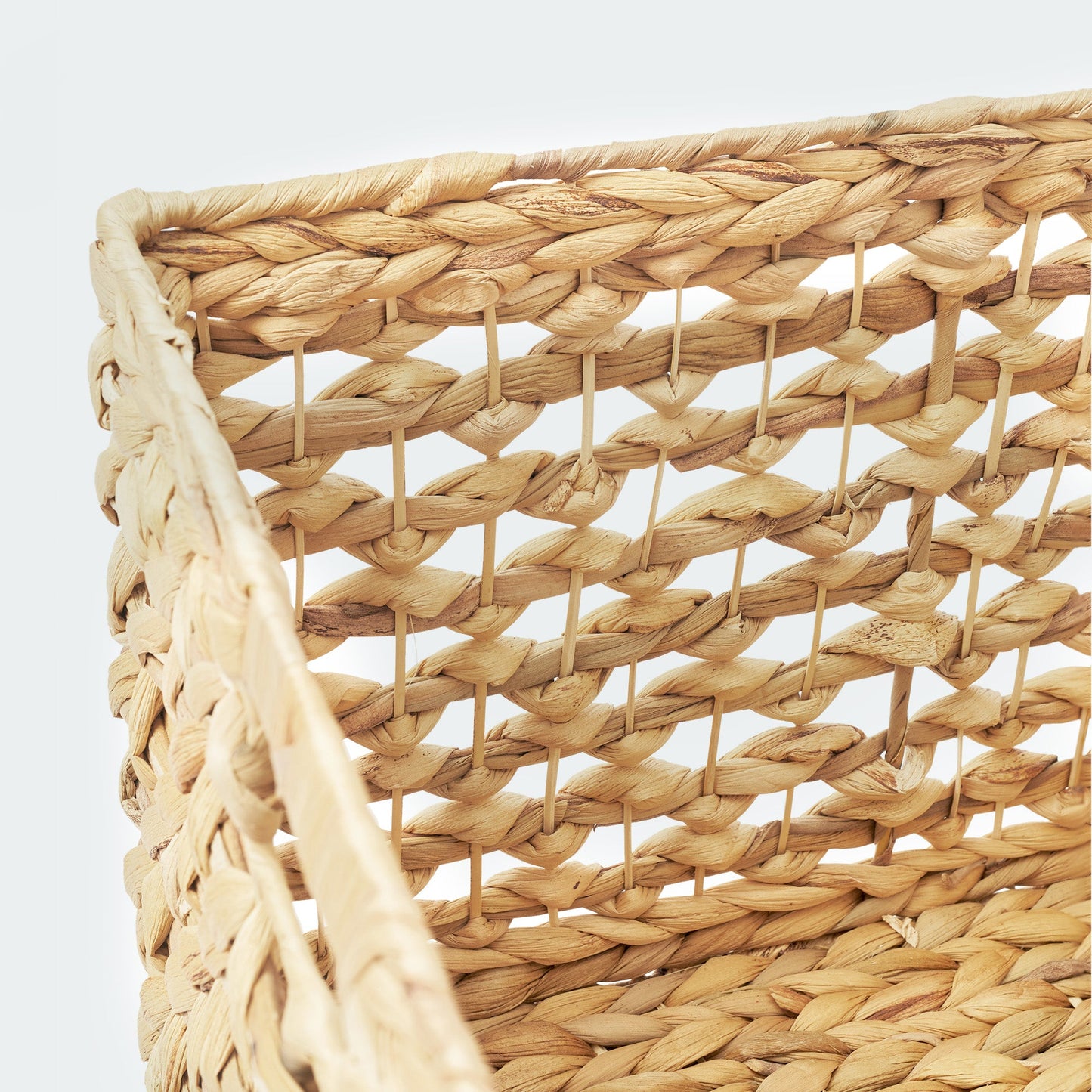 Large Water Hyacinth Cube Baskets with Open Weave and Handles, Set of 3