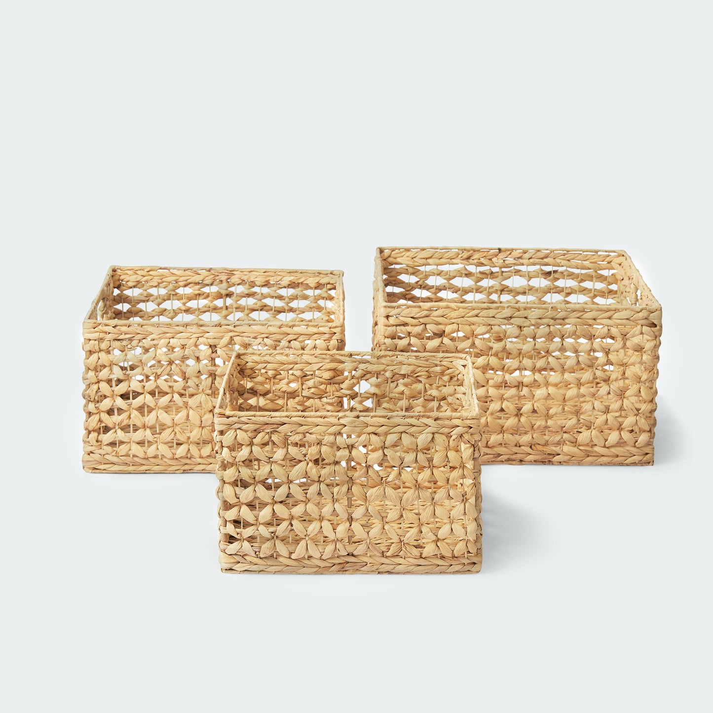 Large Water Hyacinth Cube Baskets with Open Weave and Handles, Set of 3