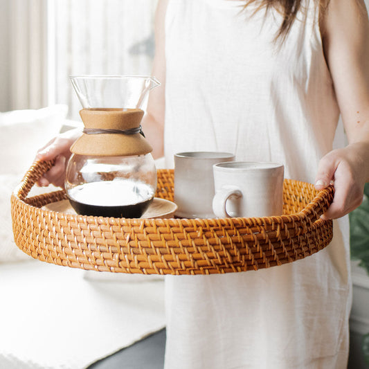 Round Rattan Wicker Tray with Handles
