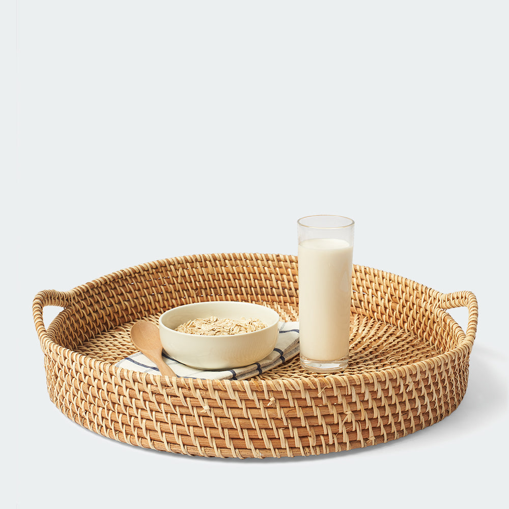 Round Rattan Wicker Tray with Handles