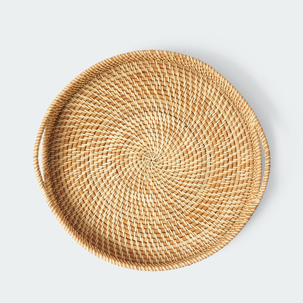 Round Rattan Wicker Tray with Handles