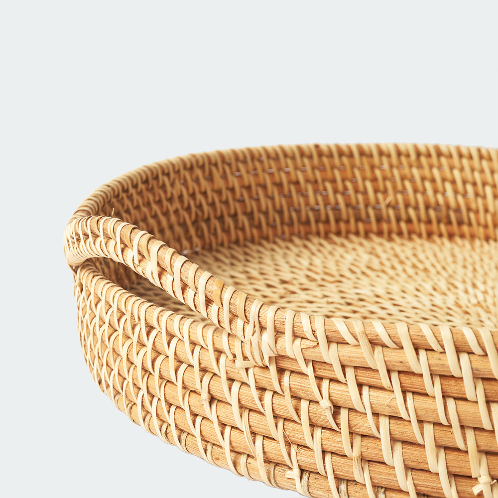 Round Rattan Wicker Tray with Handles