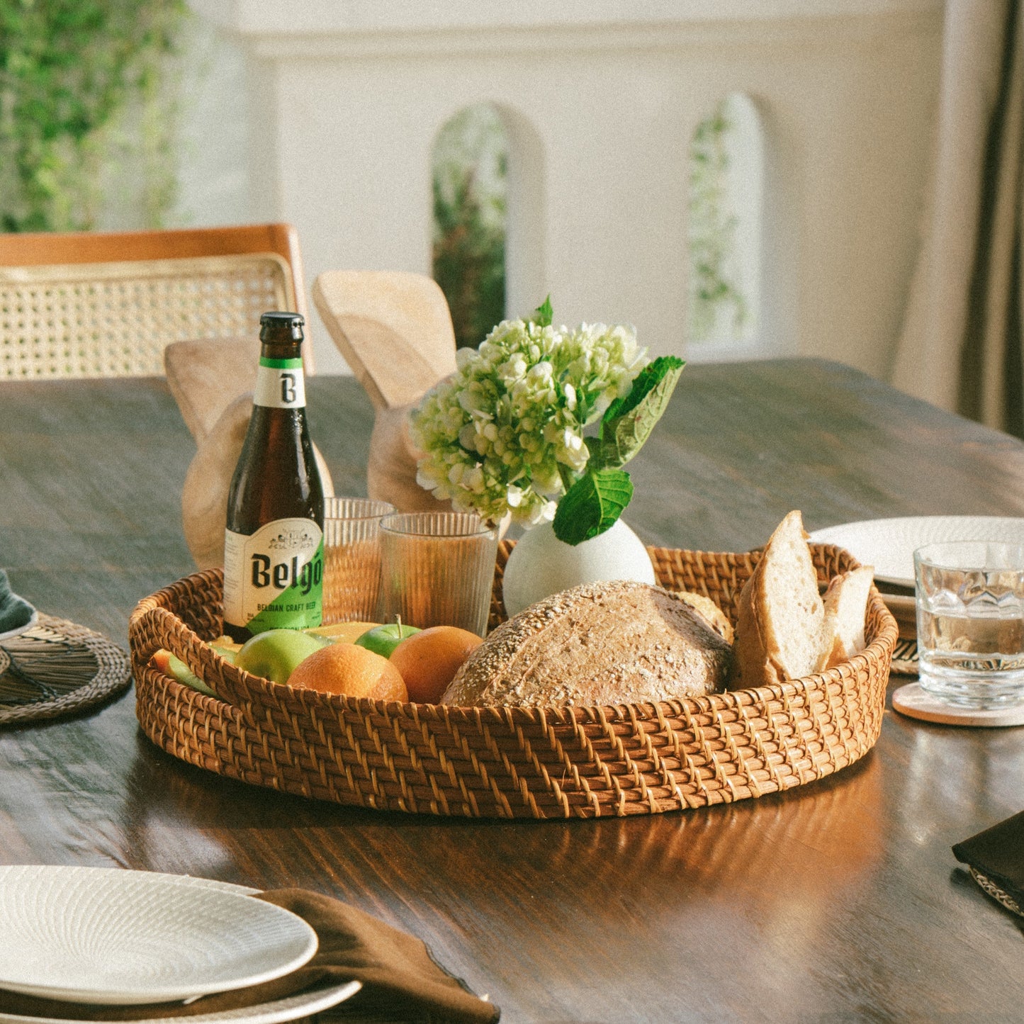 Round Rattan Wicker Tray with Handles