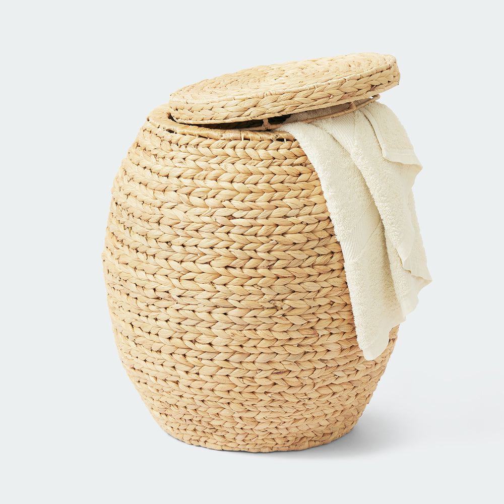 Large Woven Storage Basket with Lid, Stylish Ottoman