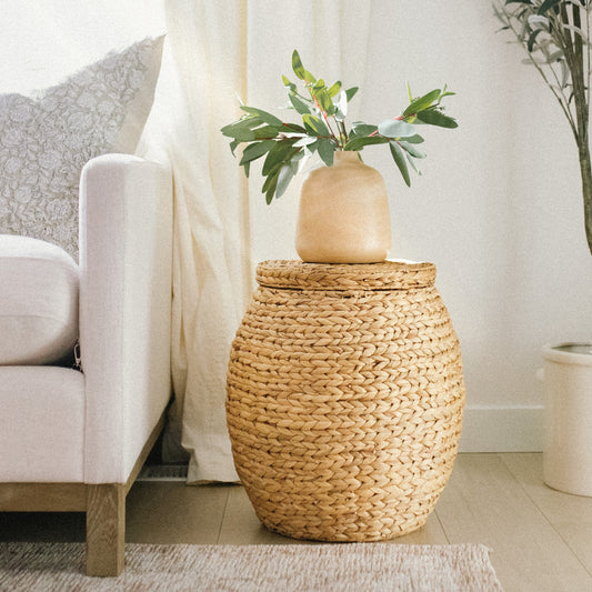 Large Woven Storage Basket with Lid, Stylish Ottoman
