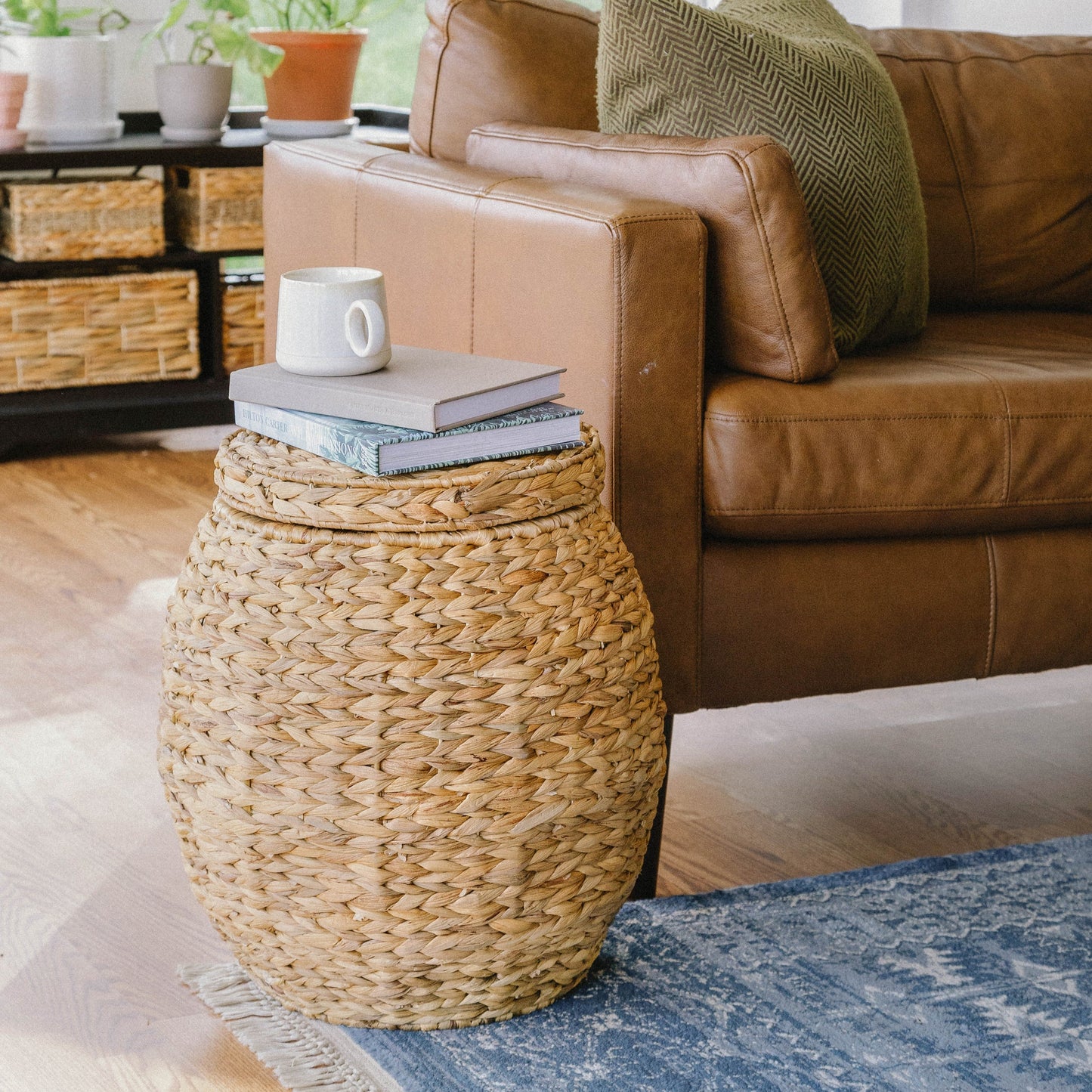 Large Woven Storage Basket with Lid, Stylish Ottoman