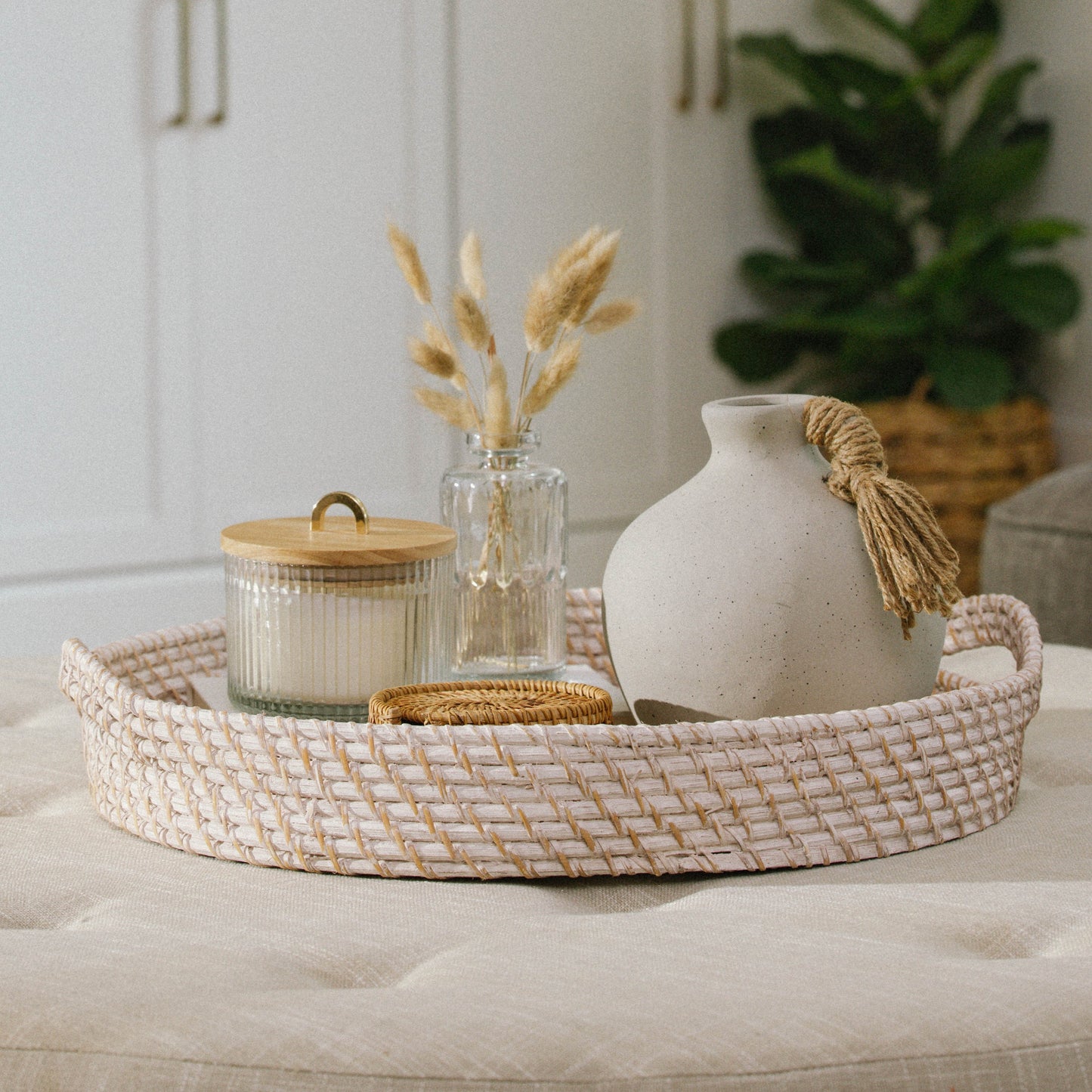 Round Rattan Wicker Tray with Handles