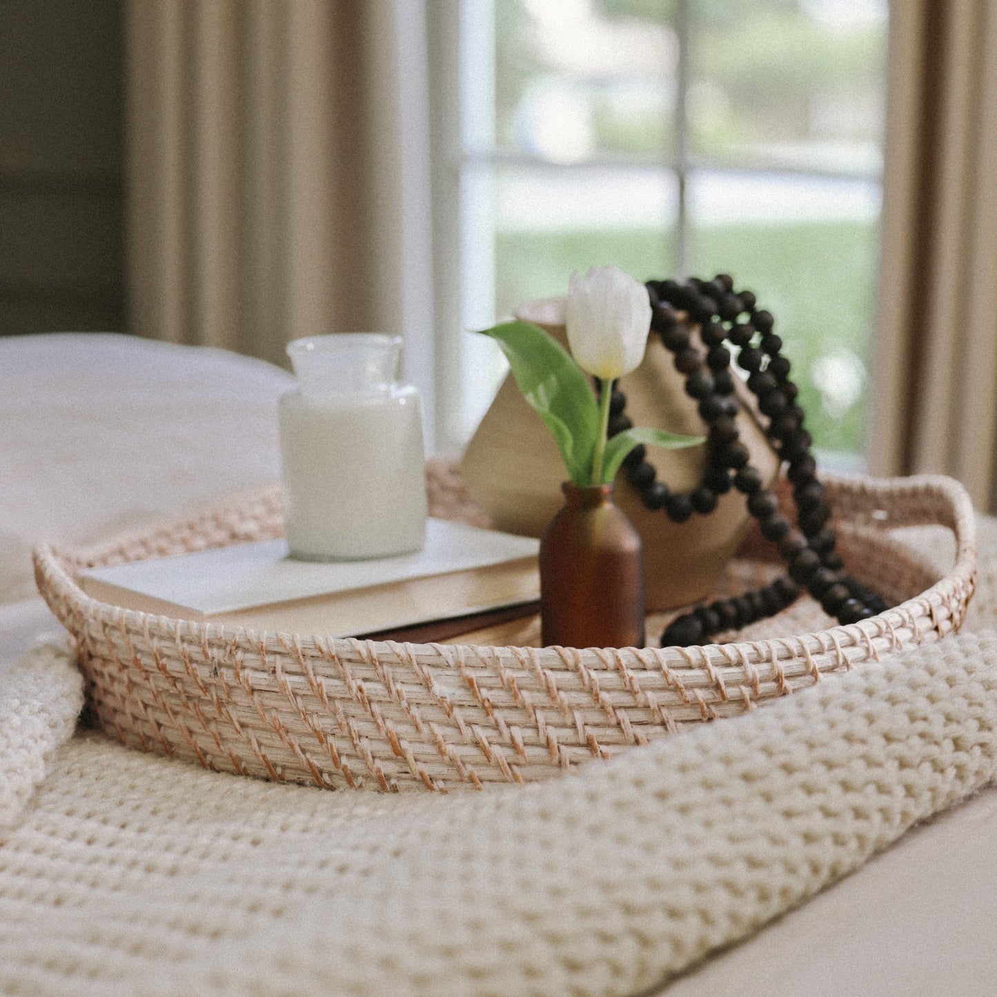 Round Rattan Wicker Tray with Handles