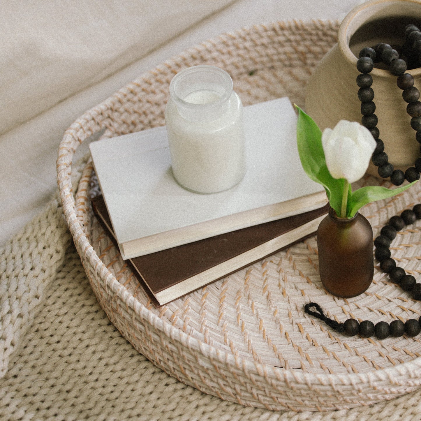 Round Rattan Wicker Tray with Handles