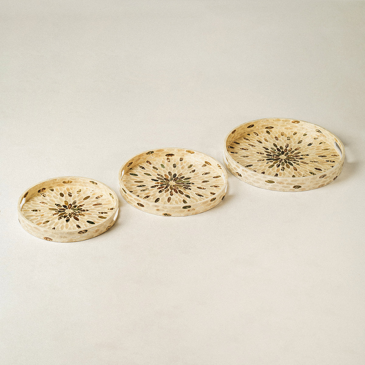 Floral Mother of Pearl Wicker Tray Set of 3