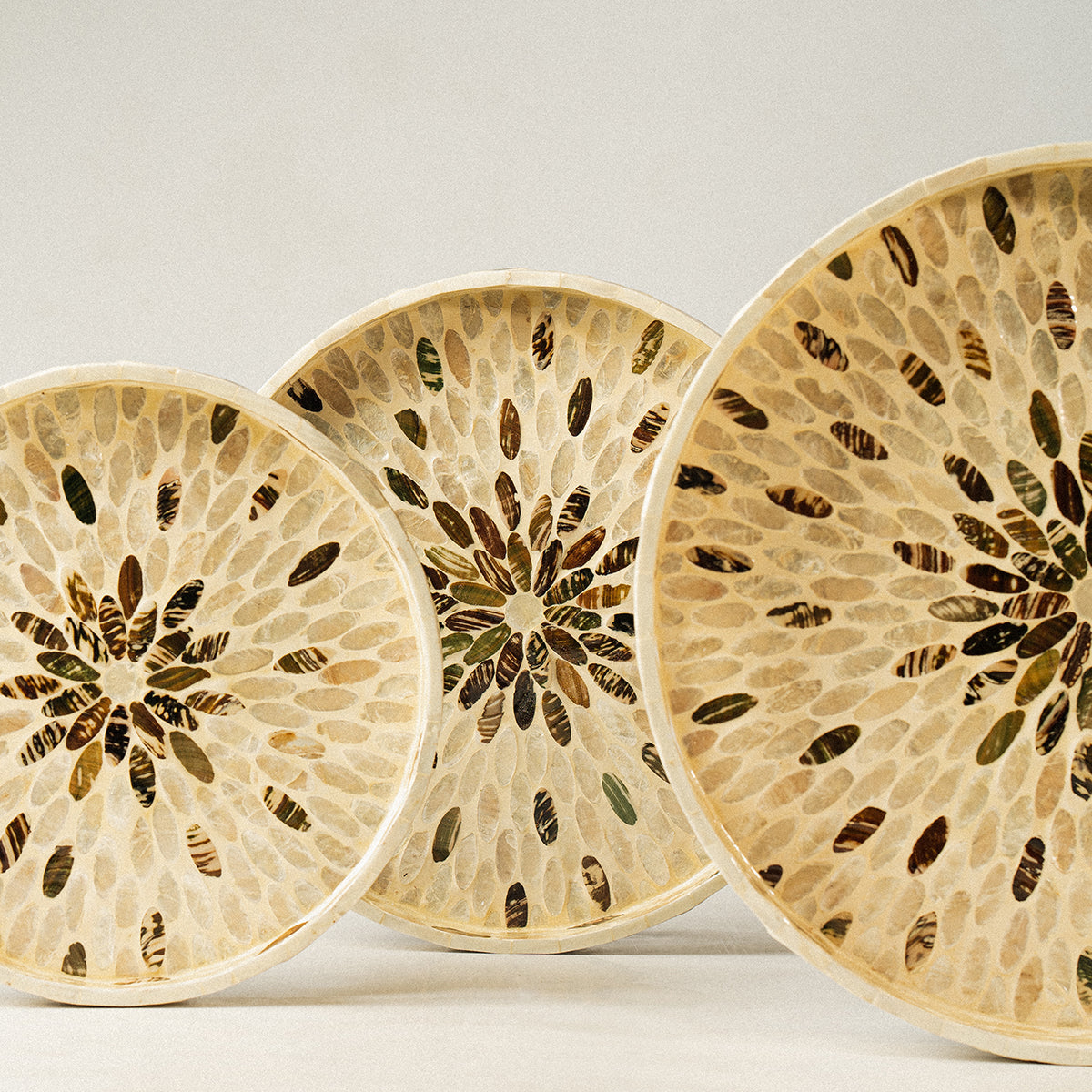 Floral Mother of Pearl Wicker Tray Set of 3